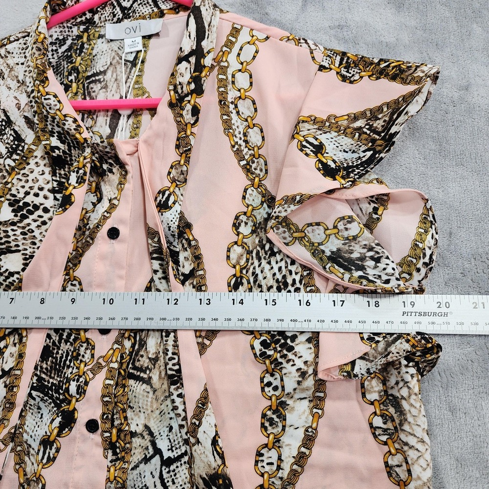 NEW Ovi Top Womens M Pink Animal Chain Print High Neck Flutter Sleeve Office - Picture 9 of 11